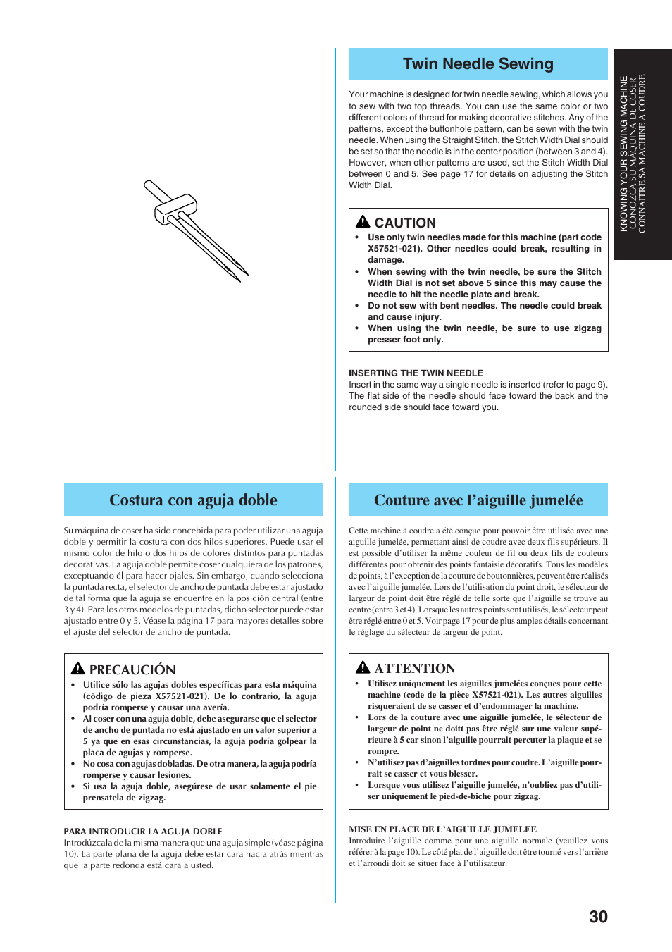 Twin needle sewing, Costura con aguja doble, Couture avec l’aiguille jumelée | Caution, Precaución, Attention | Brother Sewing Manching User Manual | Page 39 / 90