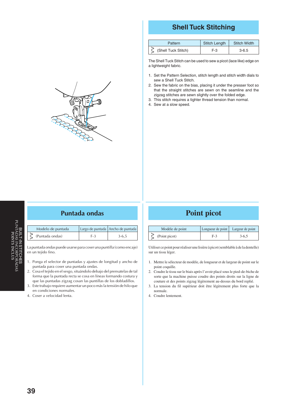 Point picot, Shell tuck stitching, Puntada ondas | Brother Sewing Manching User Manual | Page 48 / 90