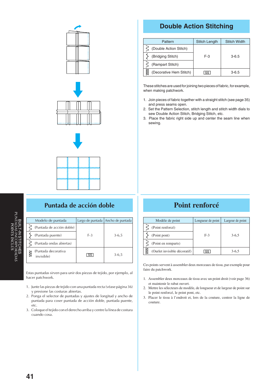 Point renforcé, Double action stitching, Puntada de acción doble | Brother Sewing Manching User Manual | Page 50 / 90