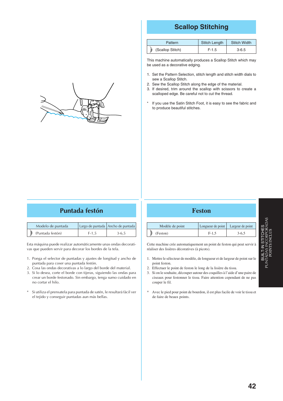 Scallop stitching, Feston, Puntada festón | Brother Sewing Manching User Manual | Page 51 / 90
