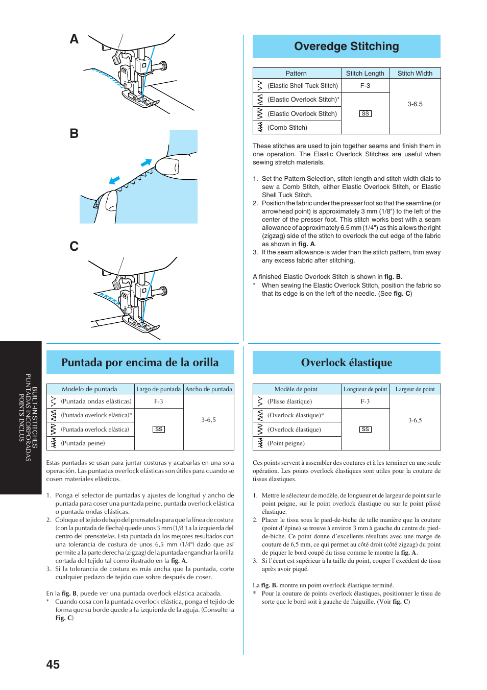 Ab c, Overedge stitching, Overlock élastique | Puntada por encima de la orilla | Brother Sewing Manching User Manual | Page 54 / 90