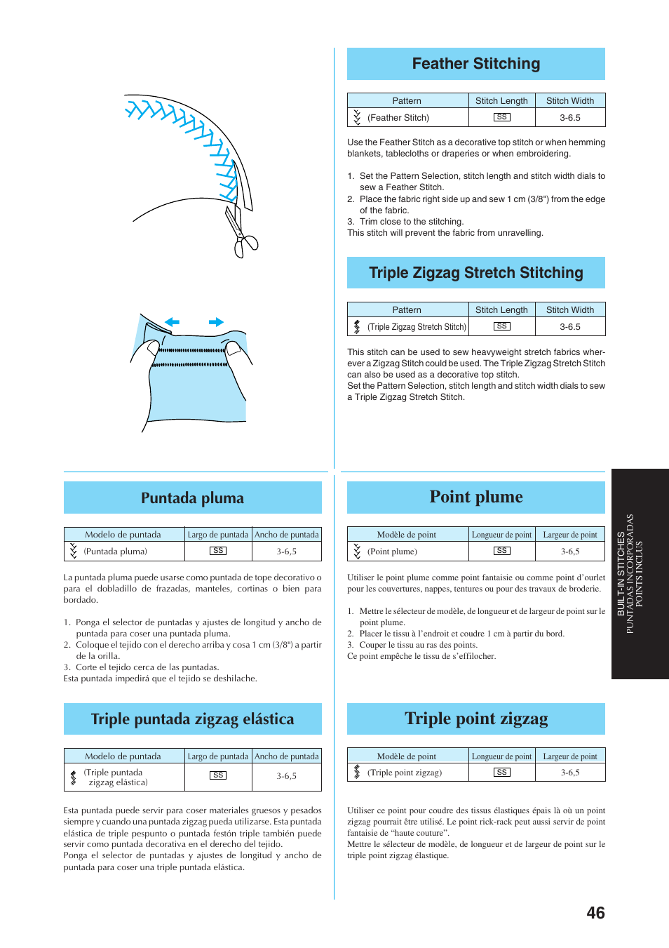 Point plume, Triple point zigzag, Feather stitching | Triple zigzag stretch stitching, Puntada pluma, Triple puntada zigzag elástica | Brother Sewing Manching User Manual | Page 55 / 90