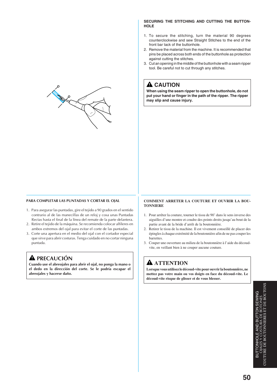 Caution, Attention, Precaución | Brother Sewing Manching User Manual | Page 59 / 90