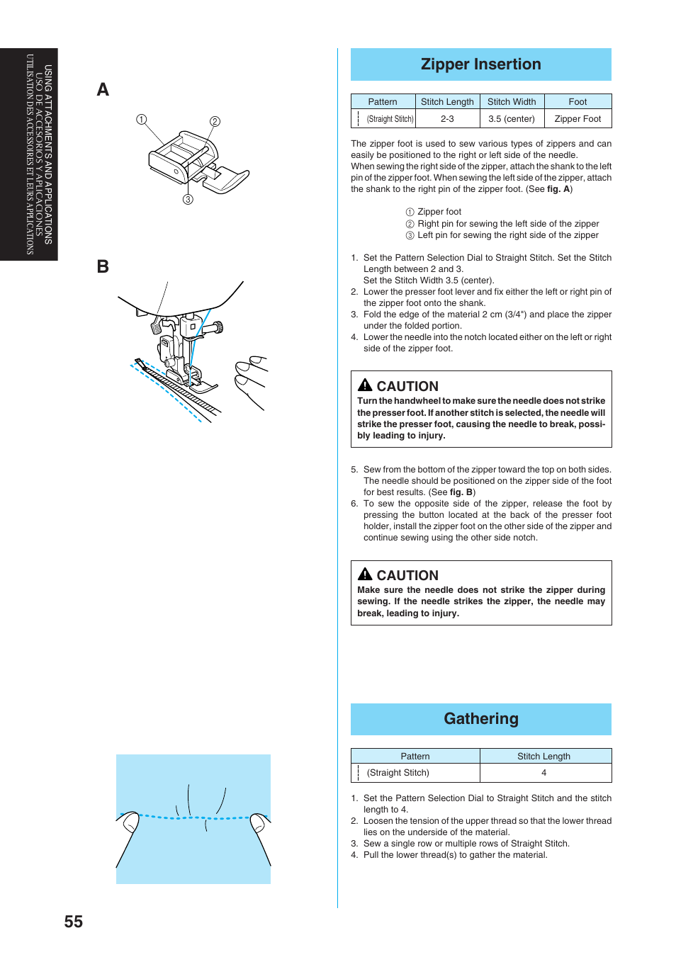 Zipper insertion, Gathering, Caution | Brother Sewing Manching User Manual | Page 64 / 90