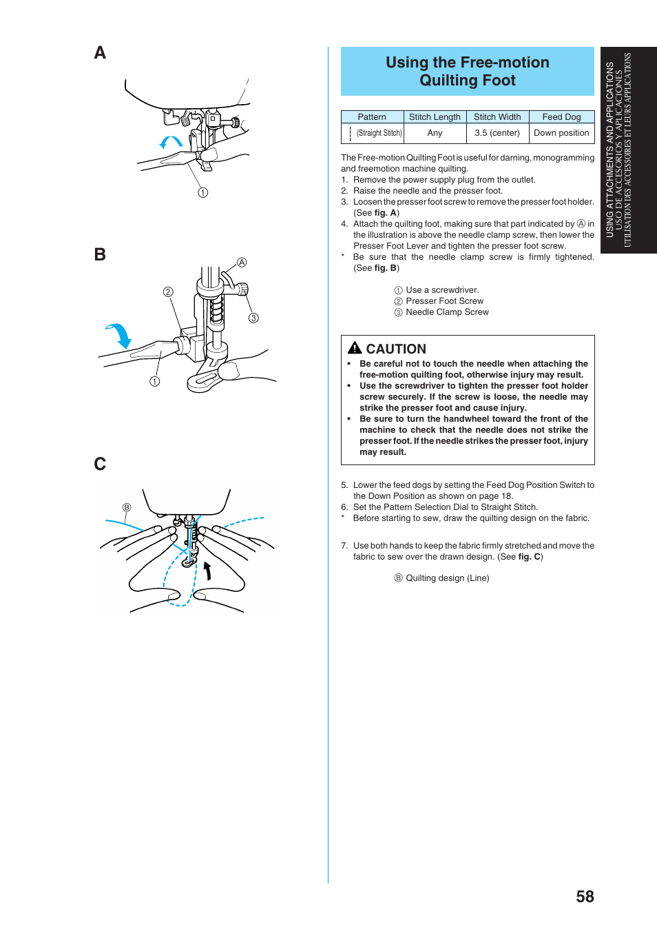 Using the free-motion quilting foot, Caution | Brother Sewing Manching User Manual | Page 67 / 90