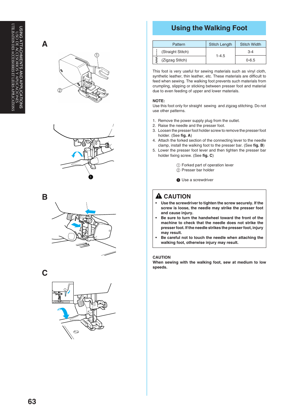 Cb a, Using the walking foot, Caution | Brother Sewing Manching User Manual | Page 72 / 90