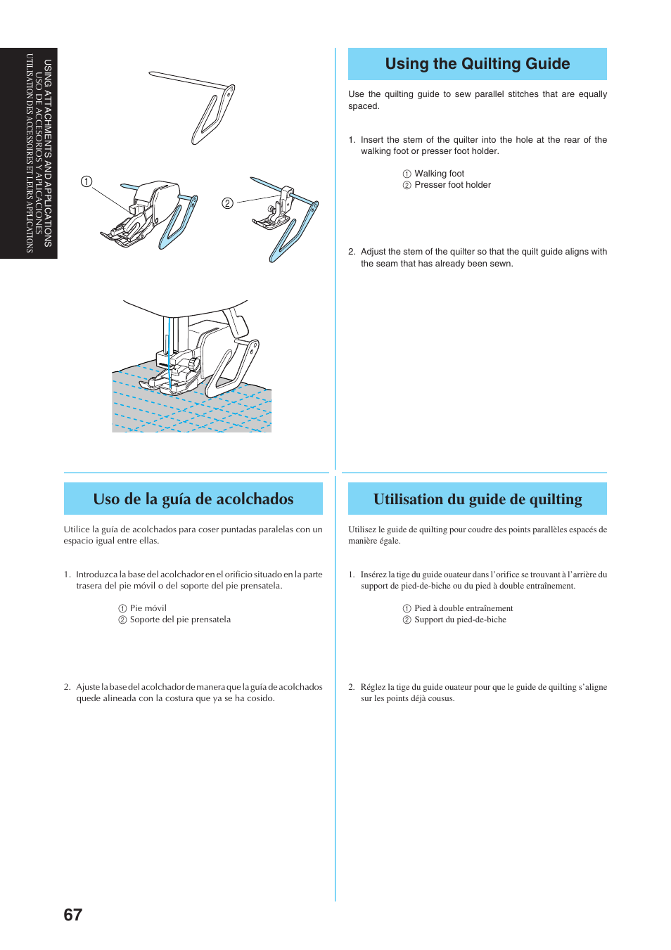 Using the quilting guide, Uso de la guía de acolchados, Utilisation du guide de quilting | Brother Sewing Manching User Manual | Page 76 / 90