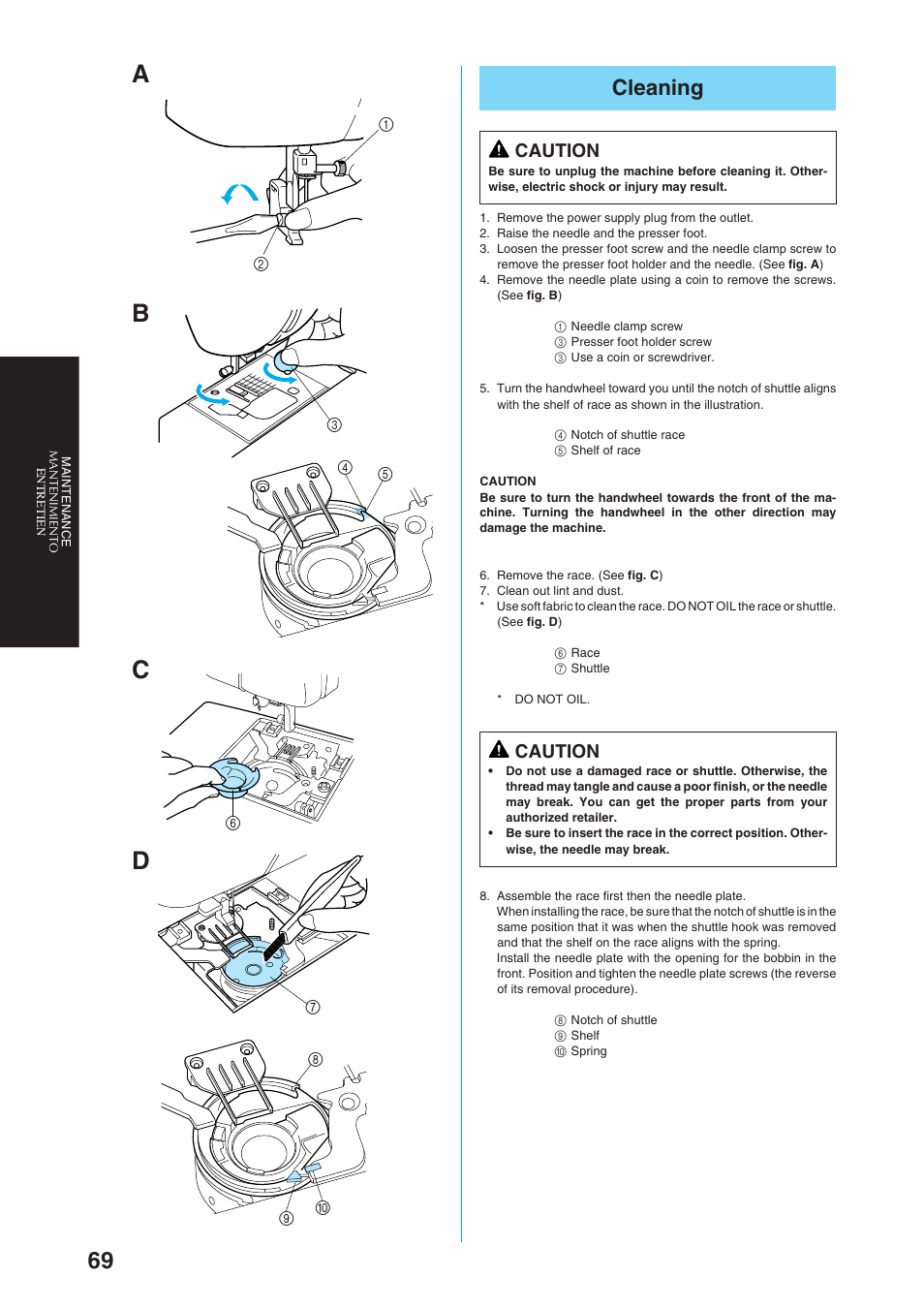 Cleaning, Caution | Brother Sewing Manching User Manual | Page 78 / 90