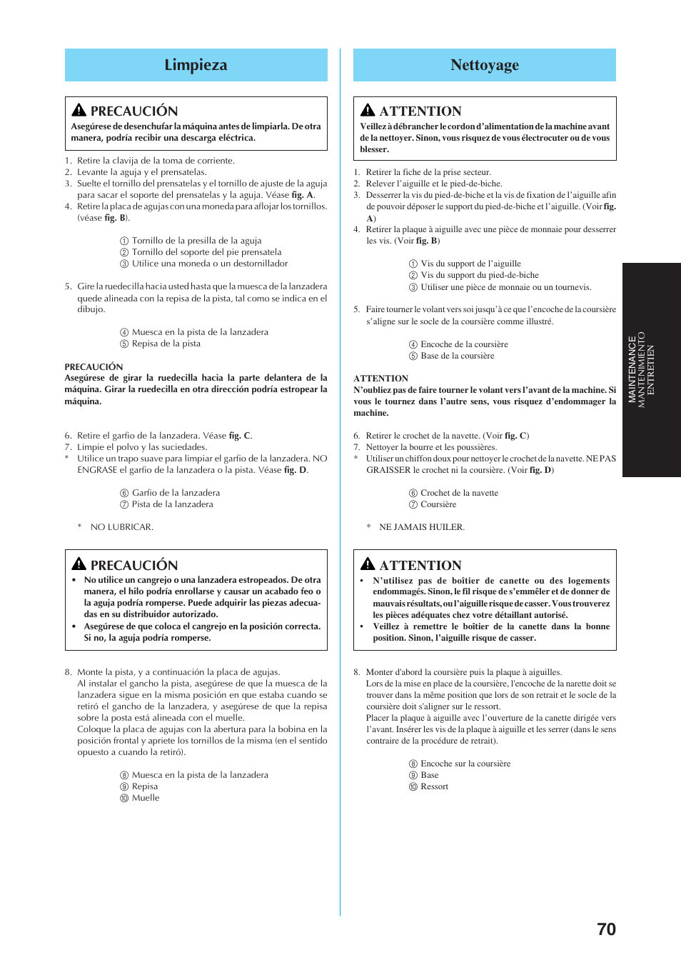 Limpieza, Nettoyage, Precaución | Attention | Brother Sewing Manching User Manual | Page 79 / 90