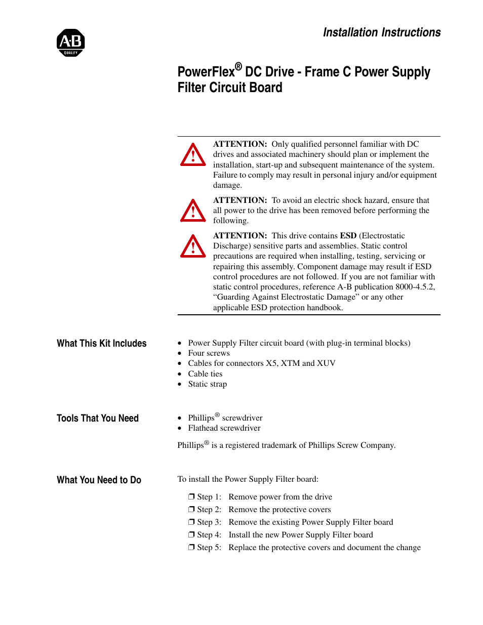 Rockwell Automation 20P PowerFlex DC Drive - Frame C Power Supply Filter Circuit Board User Manual | 8 pages