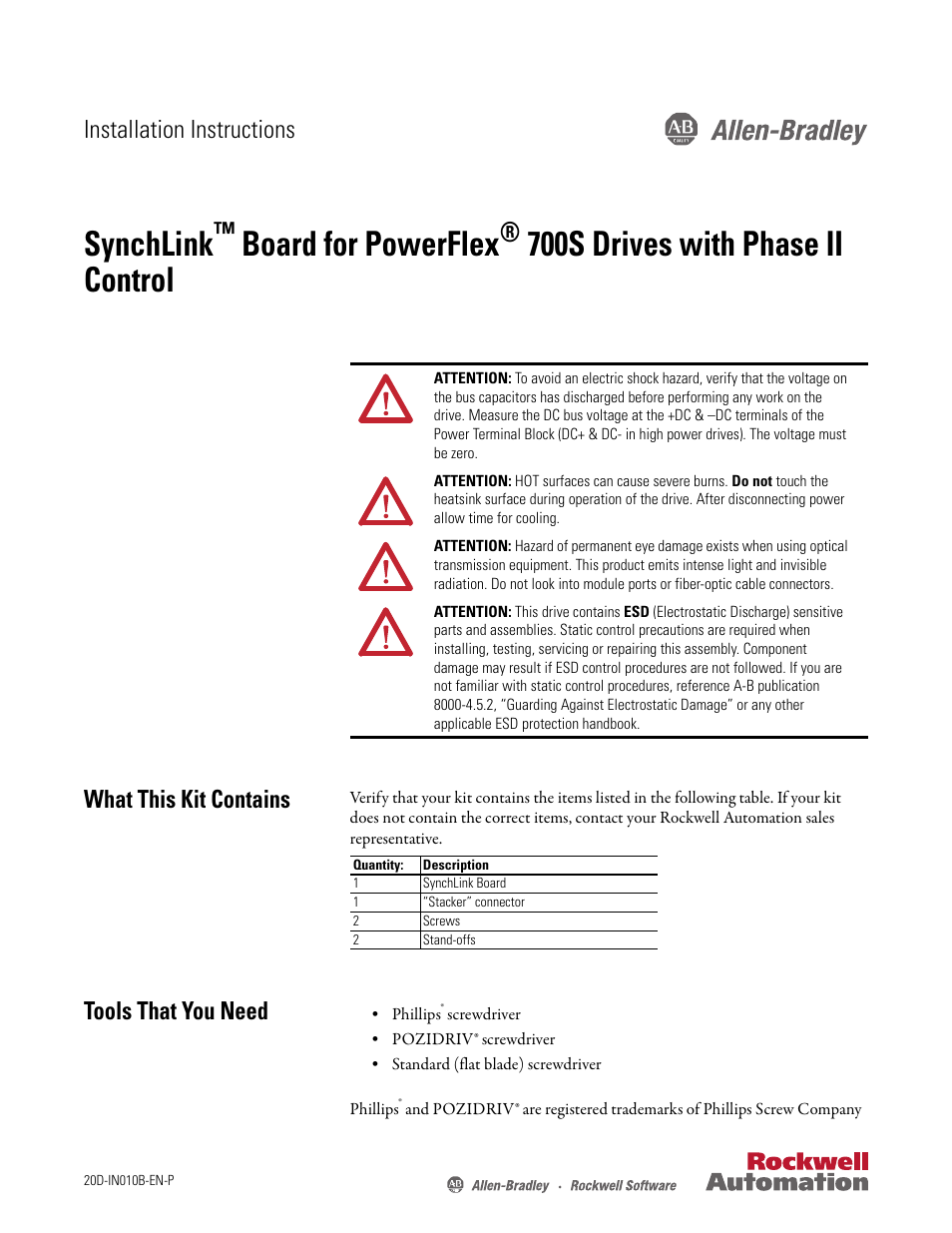 Rockwell Automation 20D-P2-SLBO PowerFlex 700S Drive Phase II Control SynchLink Board User Manual | 12 pages