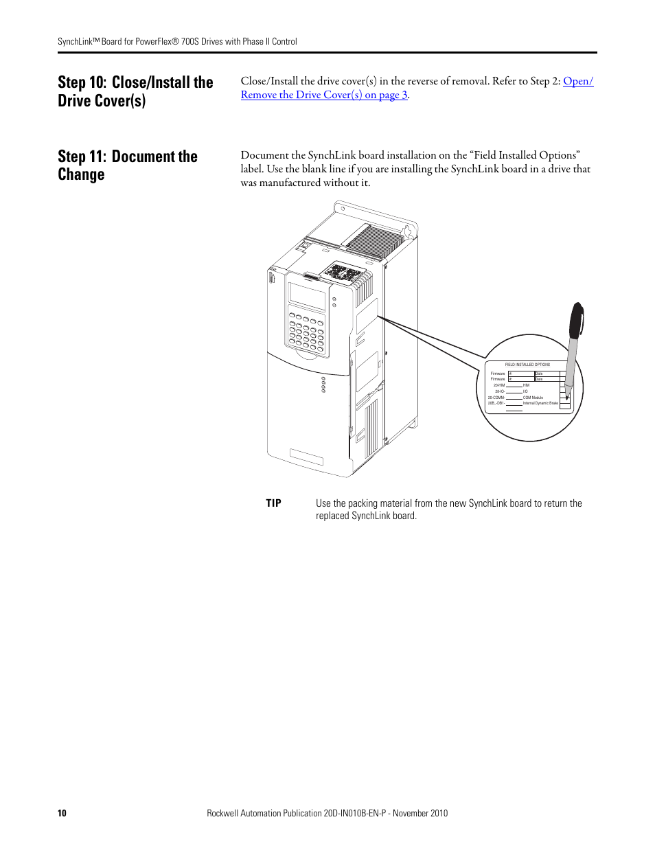 Step 10: close/install the drive cover(s), Step 11: document the change | Rockwell Automation 20D-P2-SLBO PowerFlex 700S Drive Phase II Control SynchLink Board User Manual | Page 10 / 12
