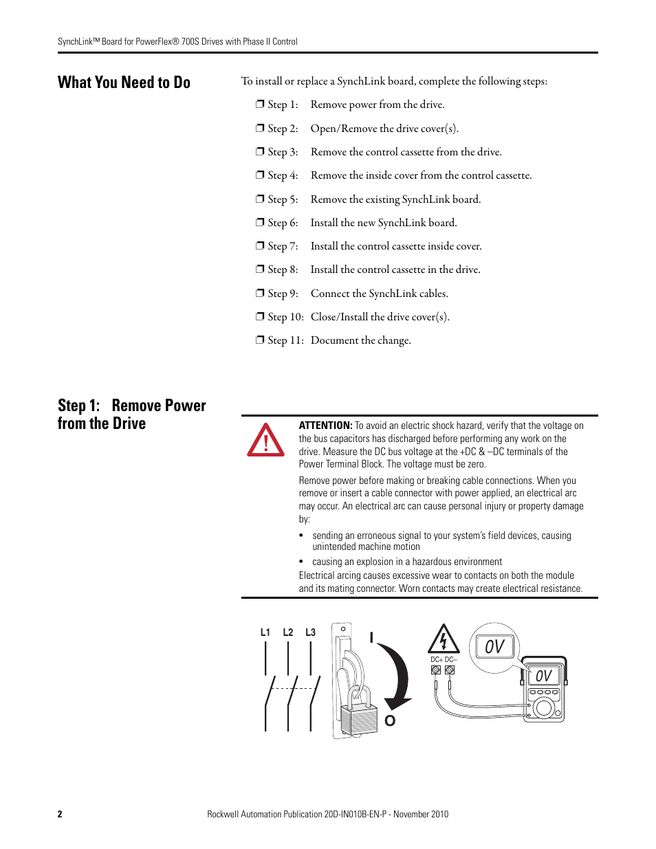 What you need to do, Step 1: remove power from the drive | Rockwell Automation 20D-P2-SLBO PowerFlex 700S Drive Phase II Control SynchLink Board User Manual | Page 2 / 12