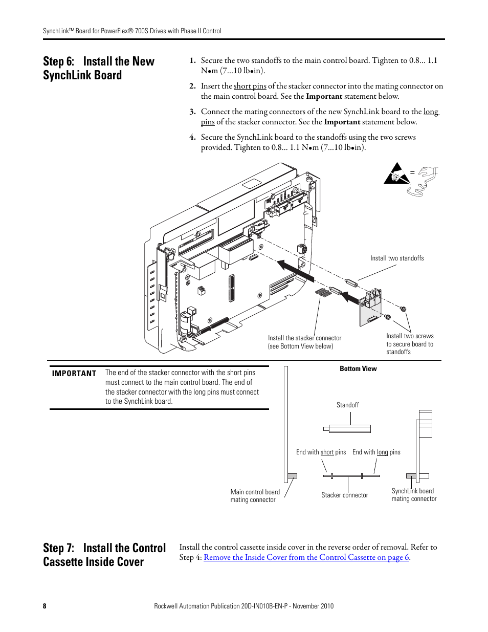 Step 6: install the new synchlink board, Step 7: install the control cassette inside cover | Rockwell Automation 20D-P2-SLBO PowerFlex 700S Drive Phase II Control SynchLink Board User Manual | Page 8 / 12