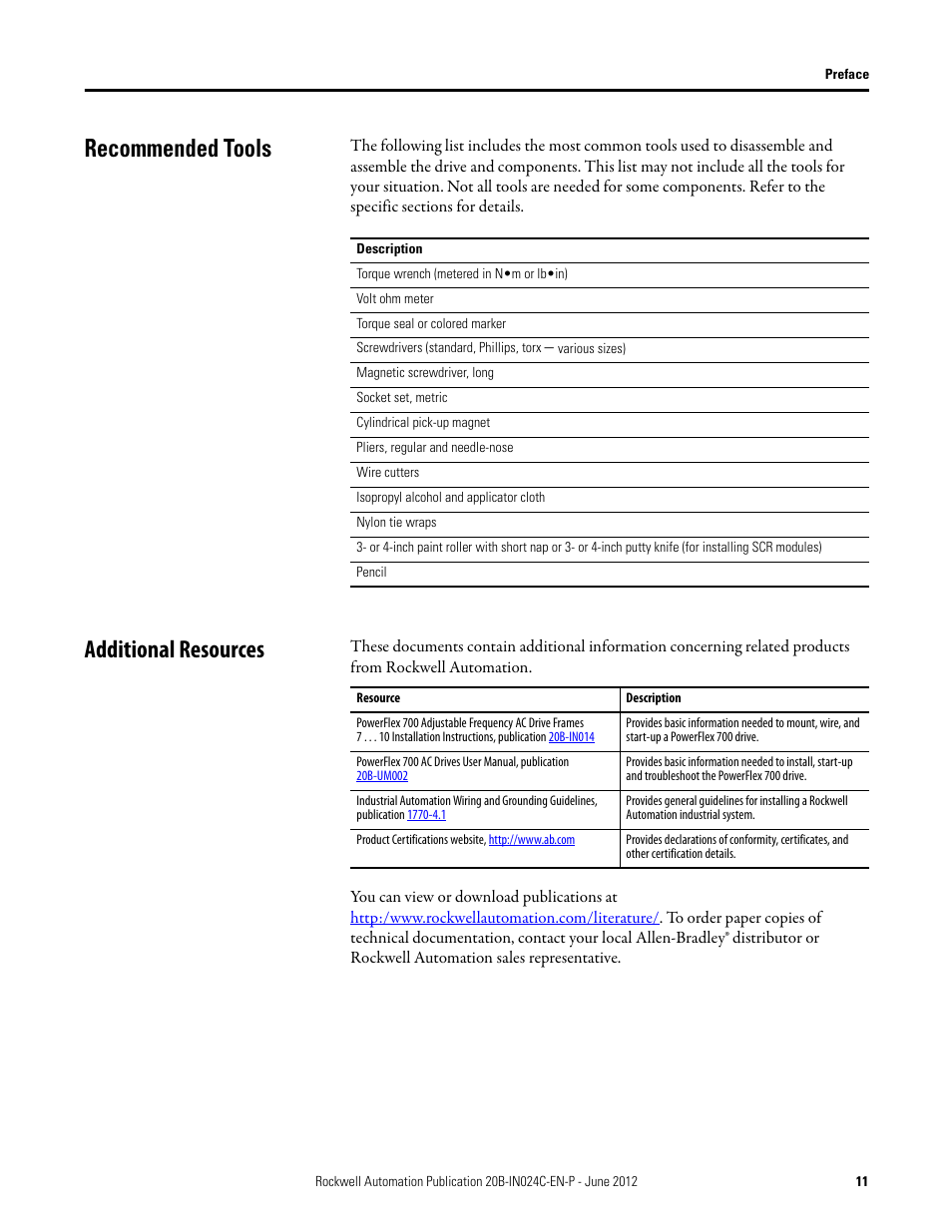 Recommended tools, Additional resources, Recommended tools additional resources | Rockwell Automation 20B PowerFlex 700 Drive Components Replacement - Frame 8 User Manual | Page 11 / 76