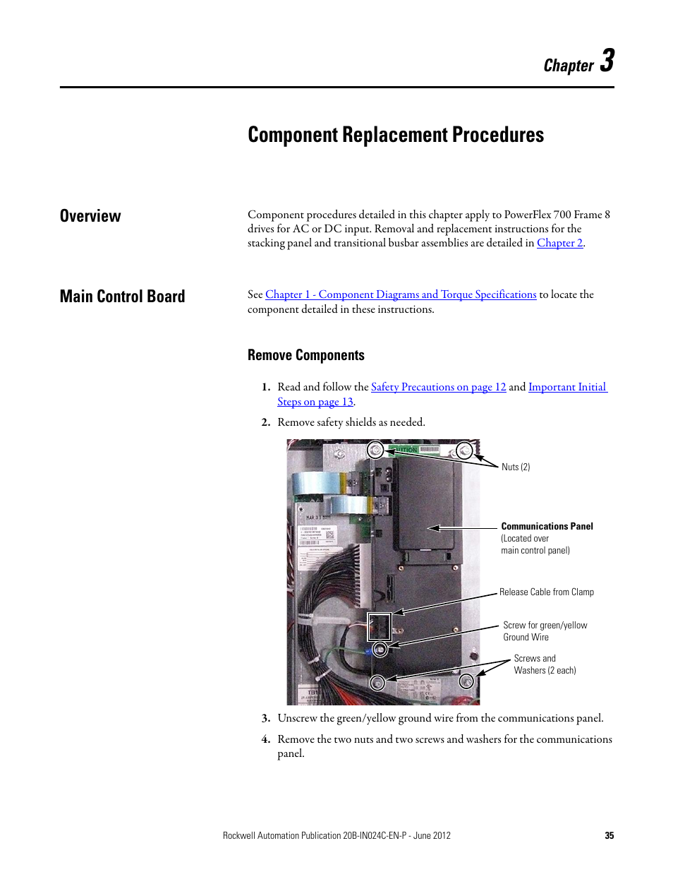 3 - component replacement procedures, Overview, Main control board | Remove components, Chapter 3, Component replacement procedures, Overview main control board, Chapter | Rockwell Automation 20B PowerFlex 700 Drive Components Replacement - Frame 8 User Manual | Page 35 / 76