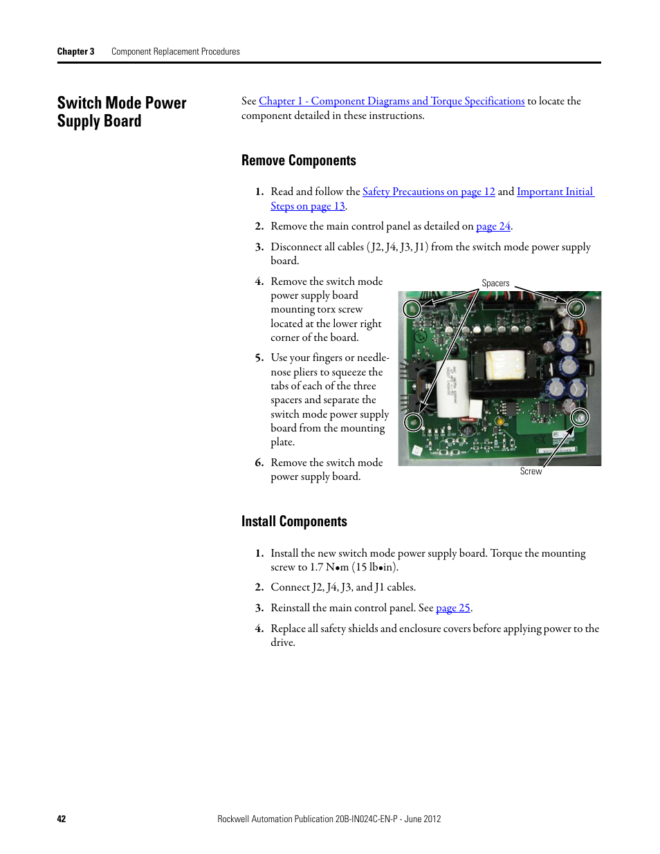 Switch mode power supply board, Remove components, Install components | Remove components install components | Rockwell Automation 20B PowerFlex 700 Drive Components Replacement - Frame 8 User Manual | Page 42 / 76