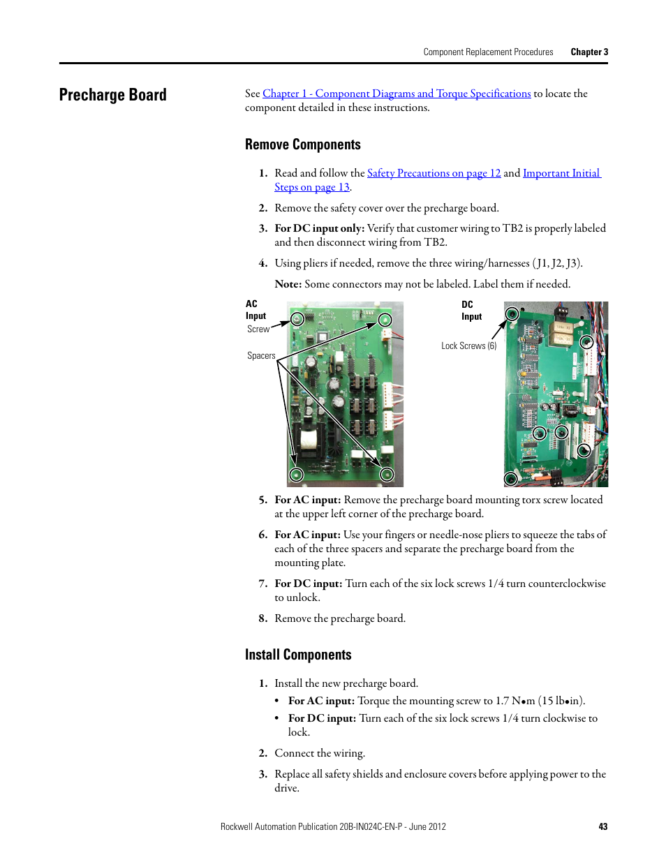 Precharge board, Remove components, Install components | Remove components install components | Rockwell Automation 20B PowerFlex 700 Drive Components Replacement - Frame 8 User Manual | Page 43 / 76
