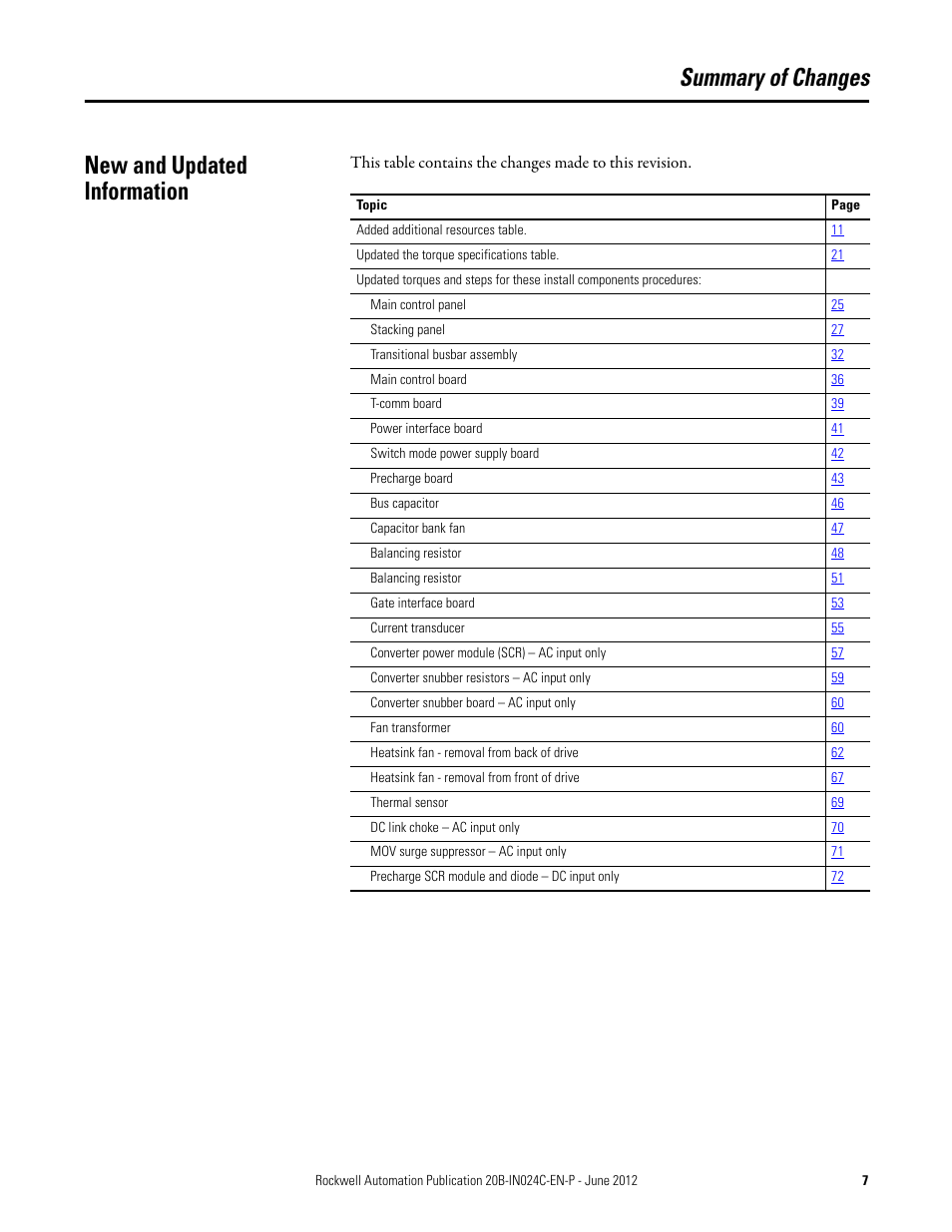 Summary of changes, New and updated information, Summary of changes new and updated information | Rockwell Automation 20B PowerFlex 700 Drive Components Replacement - Frame 8 User Manual | Page 7 / 76