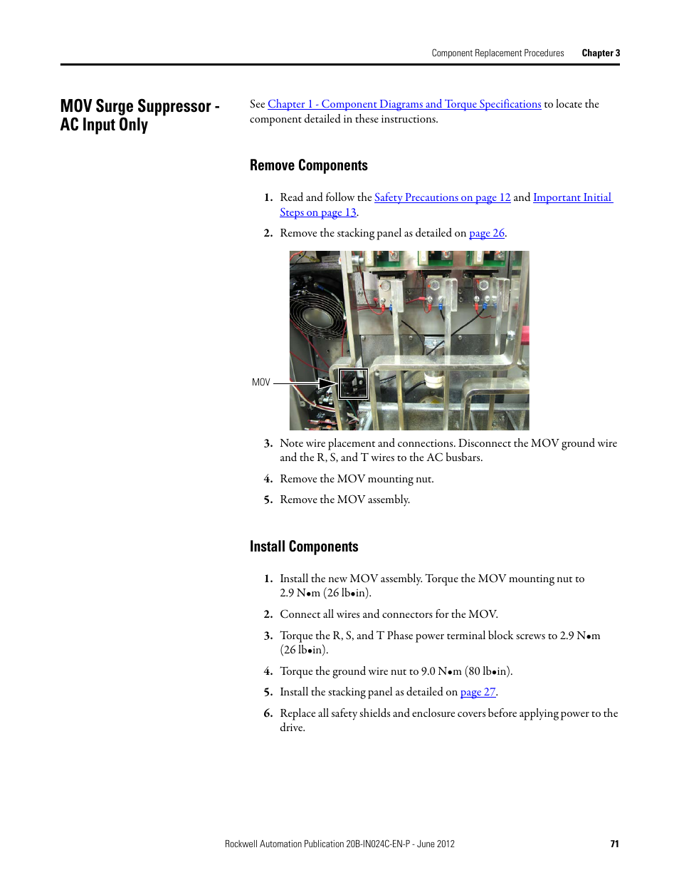 Mov surge suppressor - ac input only, Remove components, Install components | Remove components install components | Rockwell Automation 20B PowerFlex 700 Drive Components Replacement - Frame 8 User Manual | Page 71 / 76