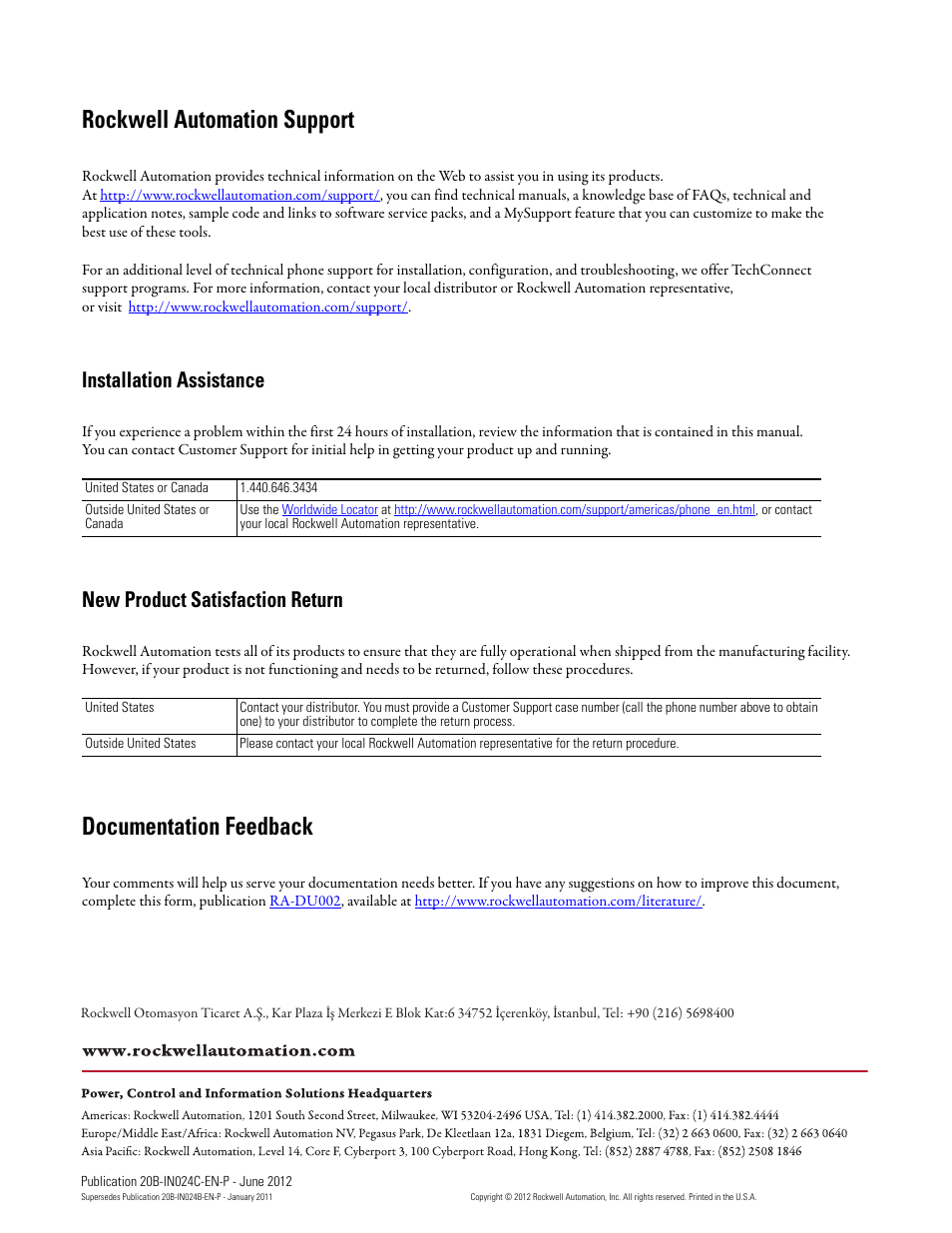 Back cover, Rockwell automation support, Documentation feedback | Installation assistance, New product satisfaction return | Rockwell Automation 20B PowerFlex 700 Drive Components Replacement - Frame 8 User Manual | Page 76 / 76