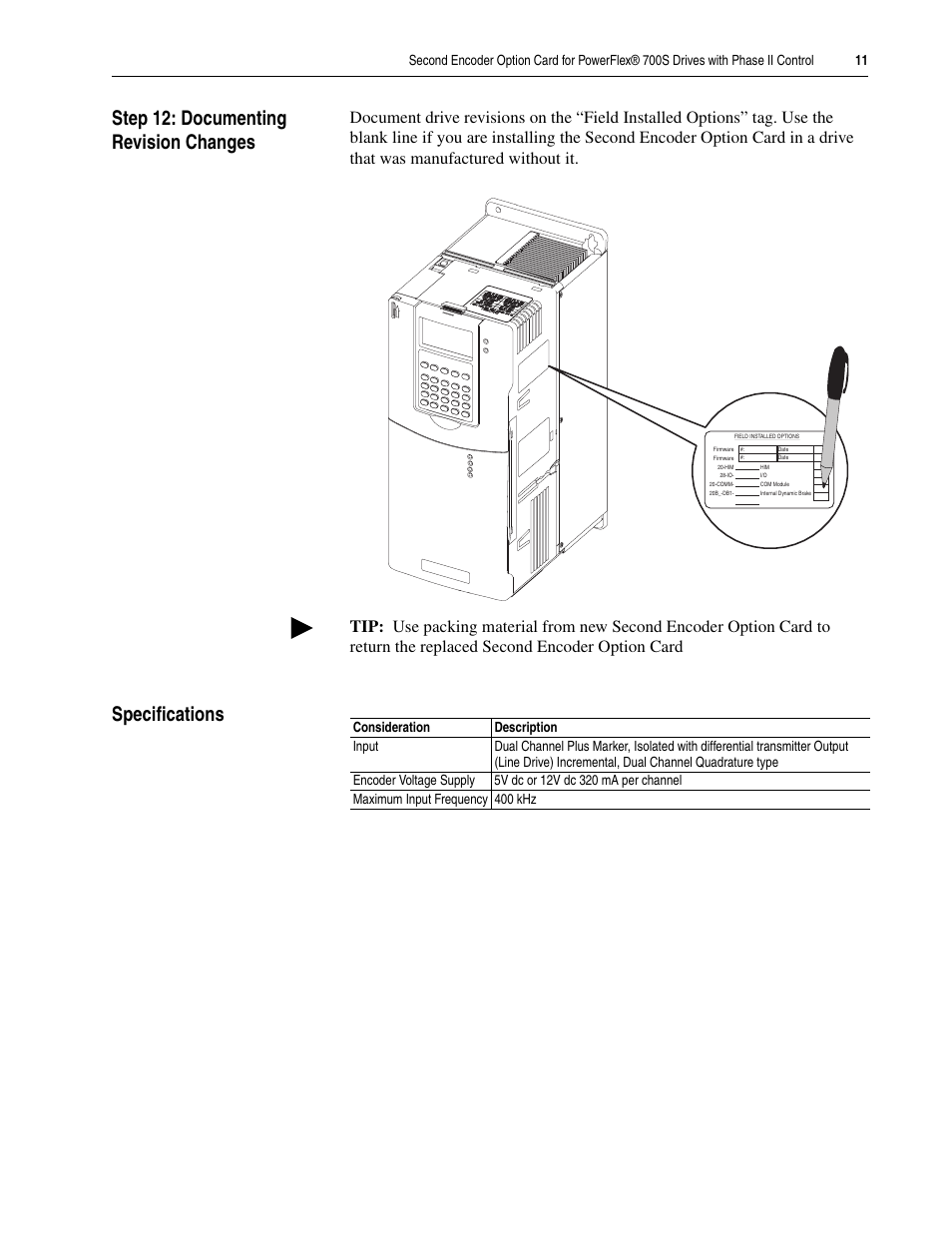 Step 12: documenting revision changes, Specifications | Rockwell Automation 20D-P2-ENCO PowerFlex 700S Drive Phase II Control Second Encoder Option Card User Manual | Page 11 / 12