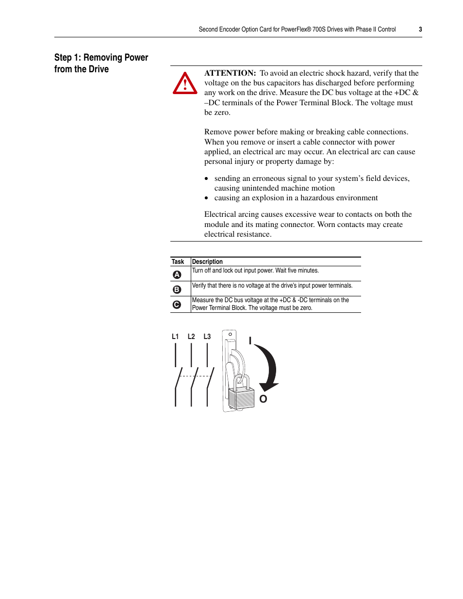 Step 1: removing power from the drive | Rockwell Automation 20D-P2-ENCO PowerFlex 700S Drive Phase II Control Second Encoder Option Card User Manual | Page 3 / 12