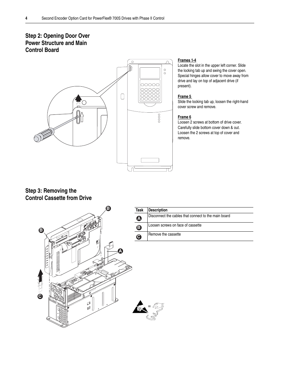 Step 3: removing the control cassette from drive | Rockwell Automation 20D-P2-ENCO PowerFlex 700S Drive Phase II Control Second Encoder Option Card User Manual | Page 4 / 12