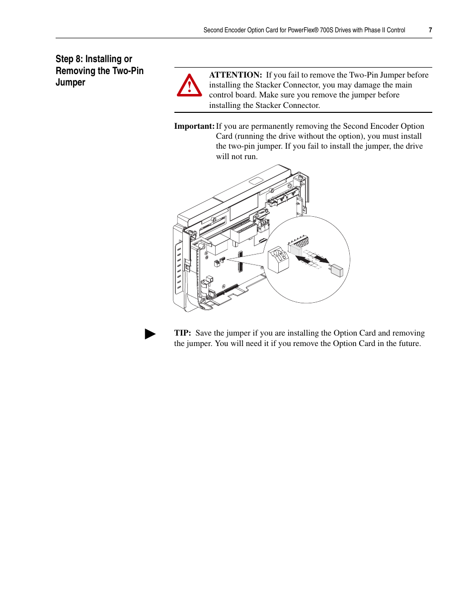 Step 8: installing or removing the two-pin jumper | Rockwell Automation 20D-P2-ENCO PowerFlex 700S Drive Phase II Control Second Encoder Option Card User Manual | Page 7 / 12
