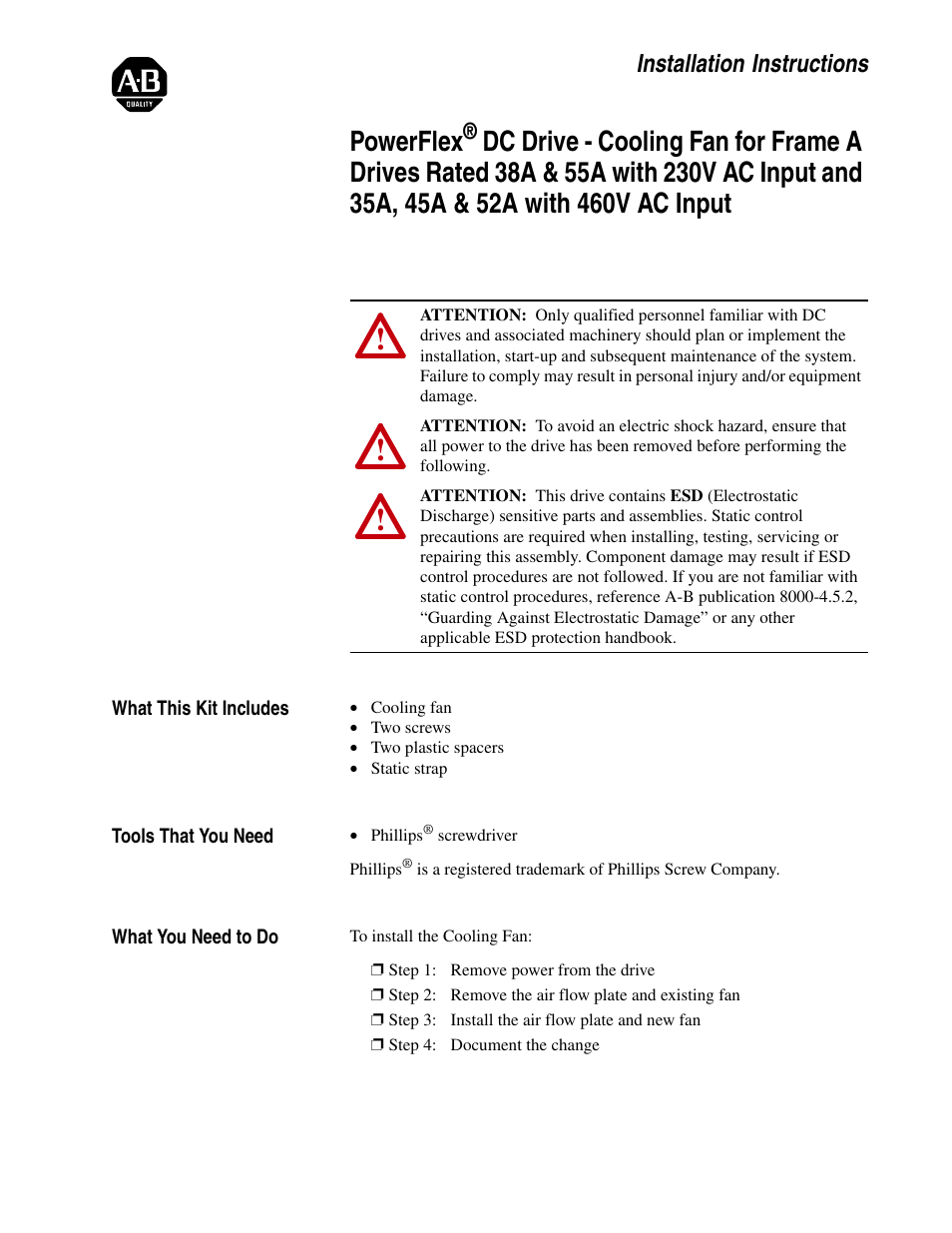 Rockwell Automation 20P PowerFlex DC Drive - Cooling Fan for Frame A Drives Below 73A at 230V 460V AC User Manual | 4 pages