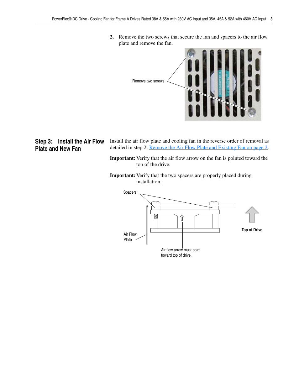 Step 3: install the air flow plate and new fan | Rockwell Automation 20P PowerFlex DC Drive - Cooling Fan for Frame A Drives Below 73A at 230V 460V AC User Manual | Page 3 / 4