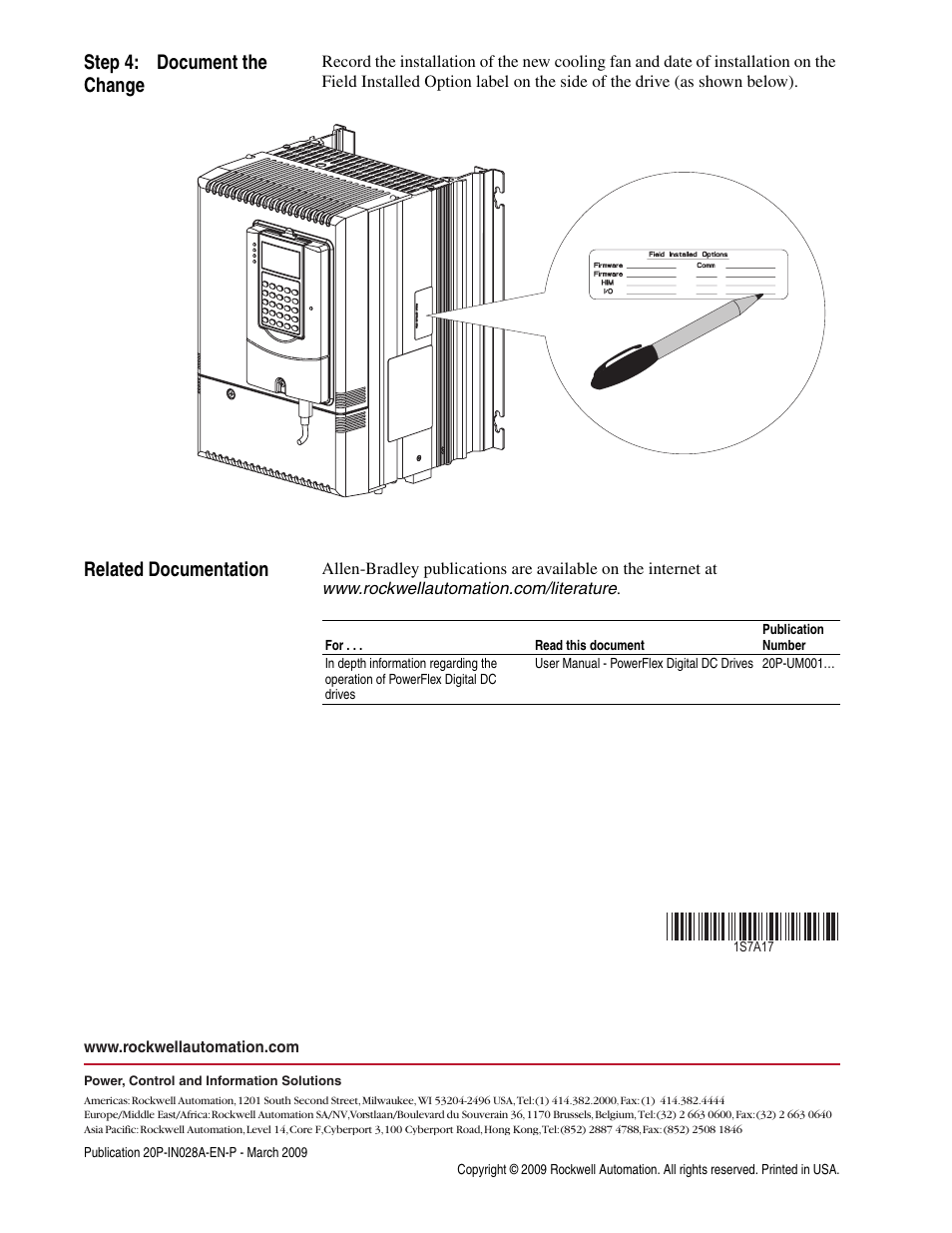 Step 4: document the change, Related documentation, Pub. no. - date | Rockwell Automation 20P PowerFlex DC Drive - Cooling Fan for Frame A Drives Below 73A at 230V 460V AC User Manual | Page 4 / 4