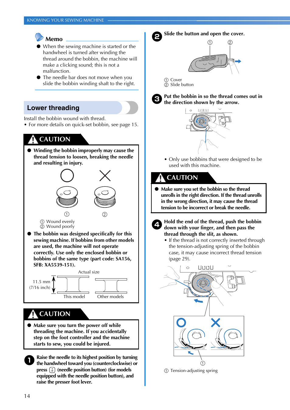 Lower threading, Caution | Brother MS-4 User Manual | Page 16 / 72