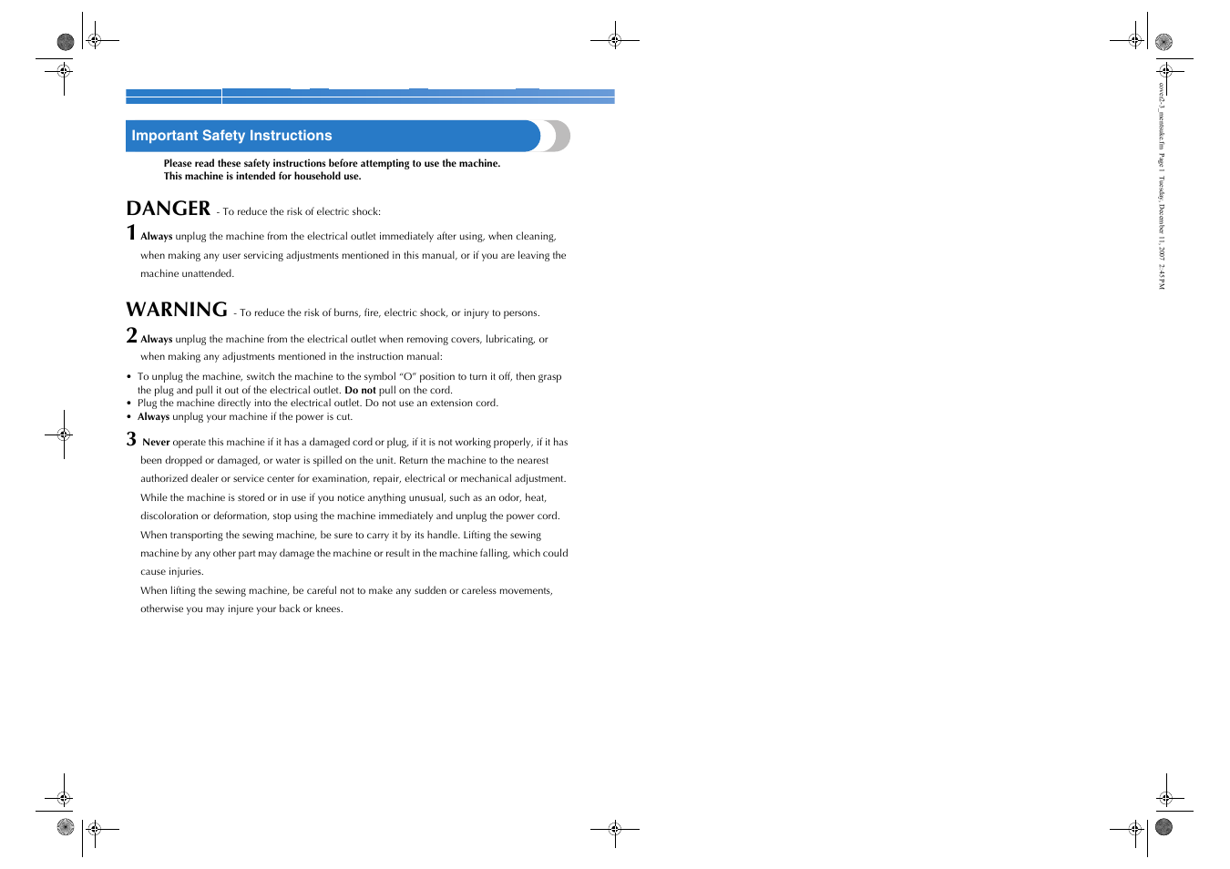 Danger, Warning, Important safety instructions | Brother MS-4 User Manual | Page 2 / 72