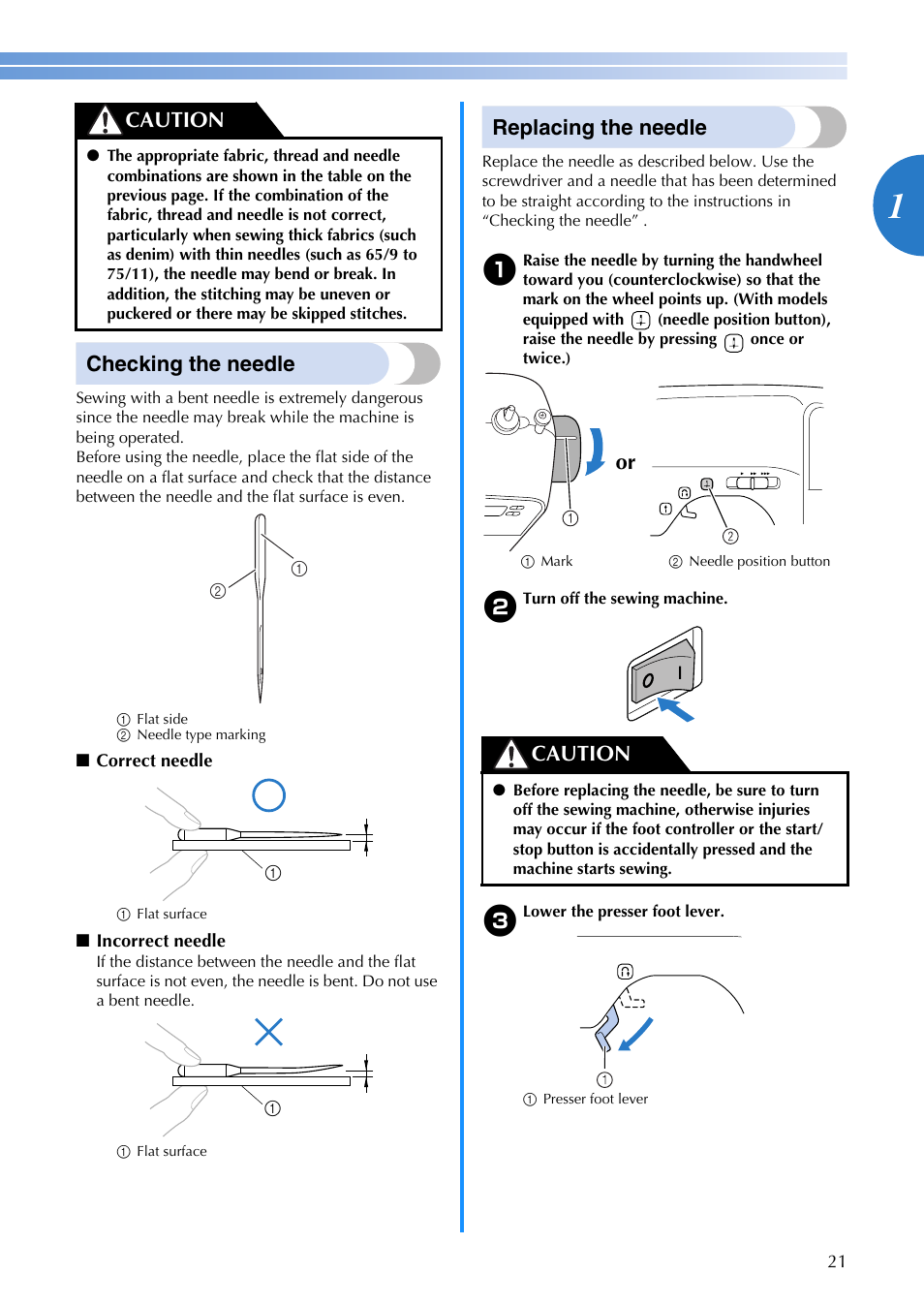 Checking the needle, Replacing the needle, Caution | Or caution | Brother MS-4 User Manual | Page 23 / 72