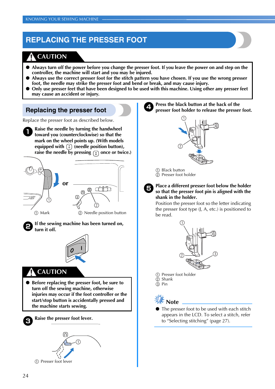 Replacing the presser foot, Caution, Or caution | Brother MS-4 User Manual | Page 26 / 72