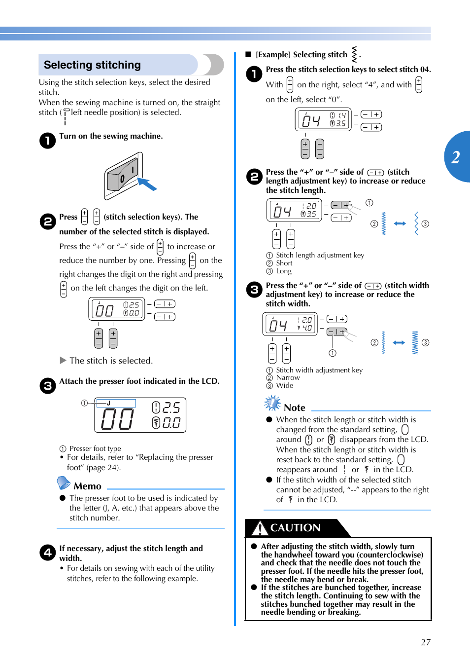 Selecting stitching, Caution | Brother MS-4 User Manual | Page 29 / 72