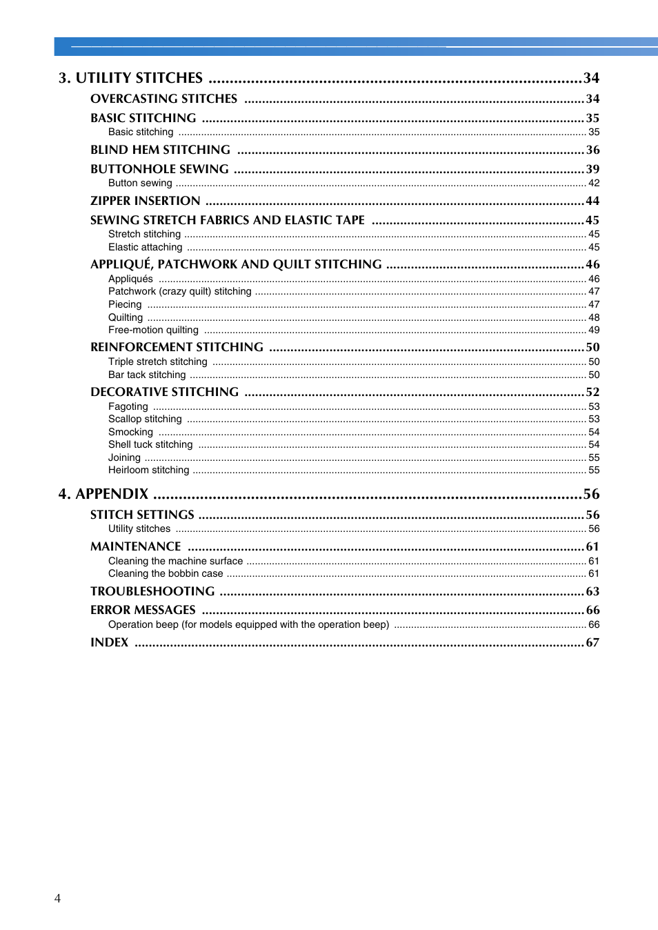 Utility stitches, Appendix | Brother MS-4 User Manual | Page 6 / 72