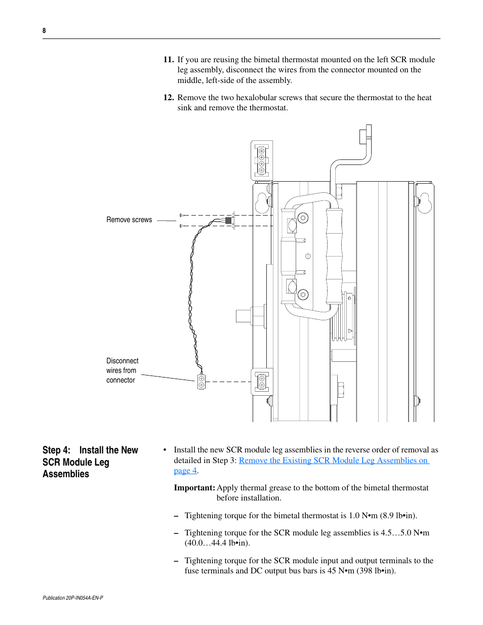 Step 4: install the new scr module leg assemblies | Rockwell Automation 20P PowerFlex DC Drive - Frame D SCR Module Leg Assembly User Manual | Page 8 / 10