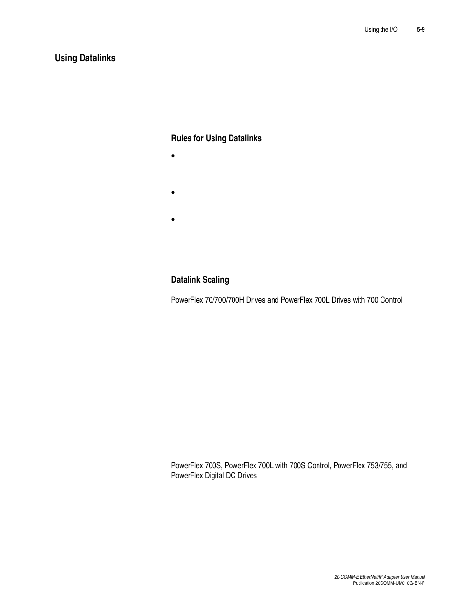 Using datalinks, Rules for using datalinks, Datalink scaling | Using datalinks -9, Using | Rockwell Automation 20-COMM-E PowerFlex EtherNet/IP Adapter User Manual | Page 101 / 296