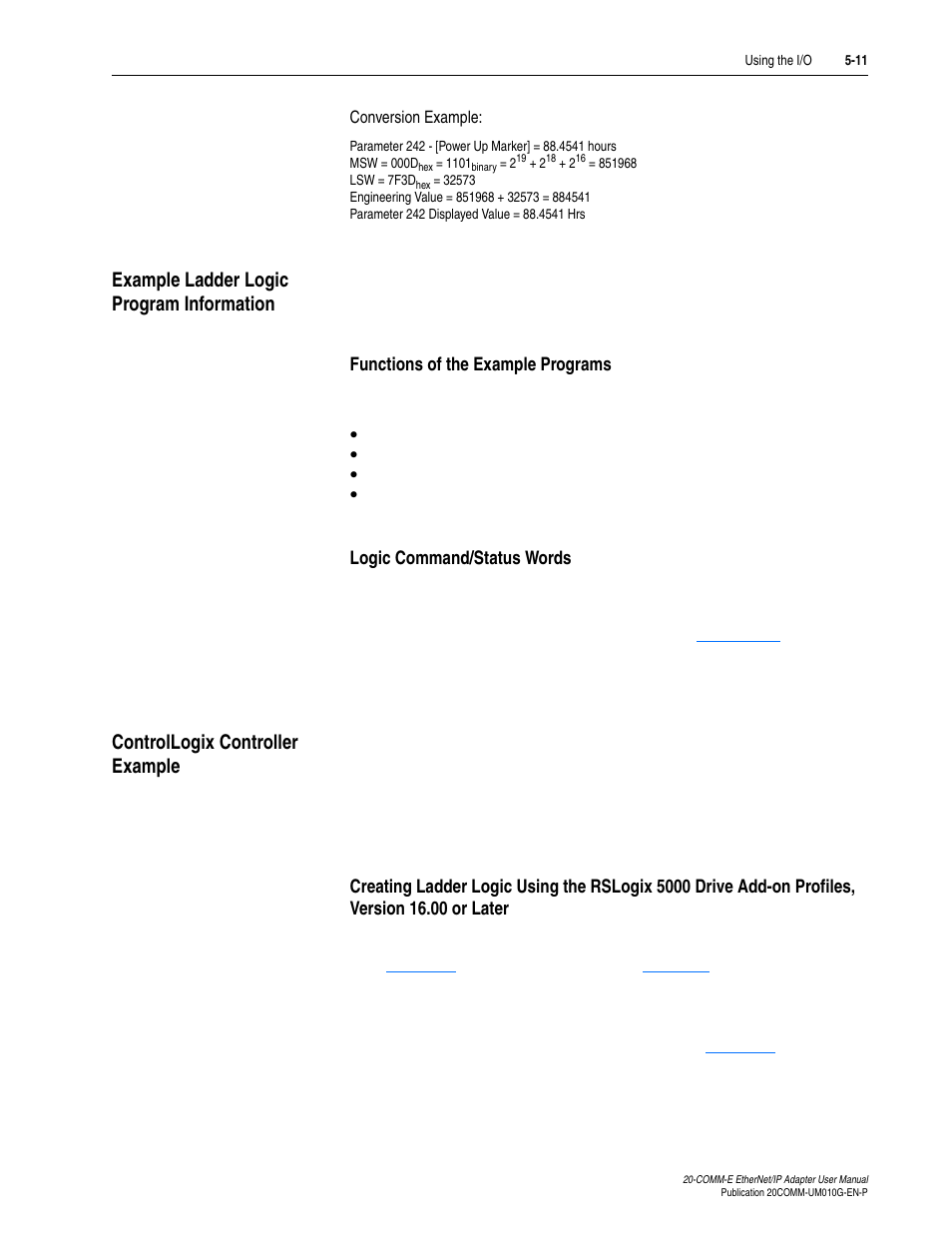 Example ladder logic program information, Functions of the example programs, Logic command/status words | Controllogix controller example | Rockwell Automation 20-COMM-E PowerFlex EtherNet/IP Adapter User Manual | Page 103 / 296