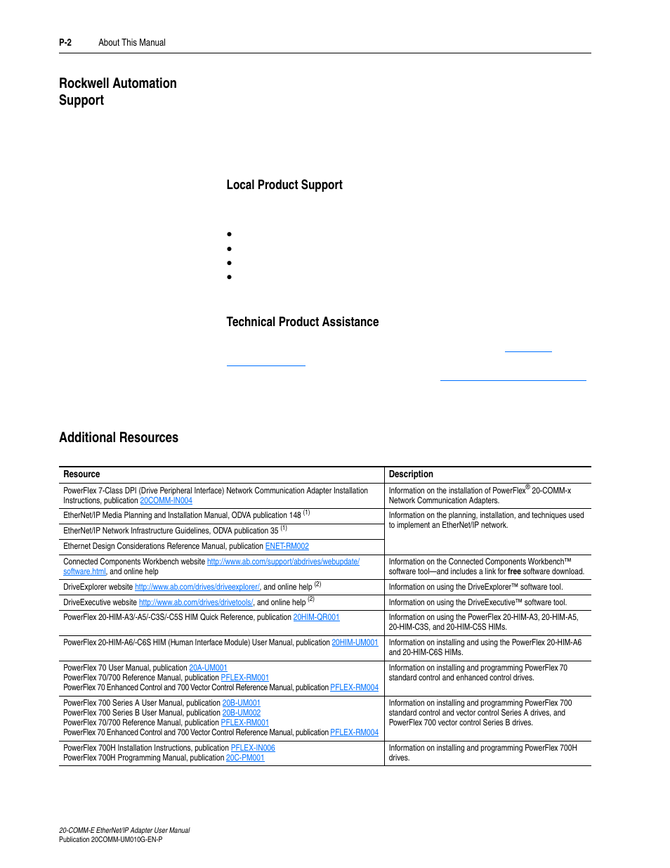 Rockwell automation support, Local product support, Technical product assistance | Additional resources | Rockwell Automation 20-COMM-E PowerFlex EtherNet/IP Adapter User Manual | Page 12 / 296