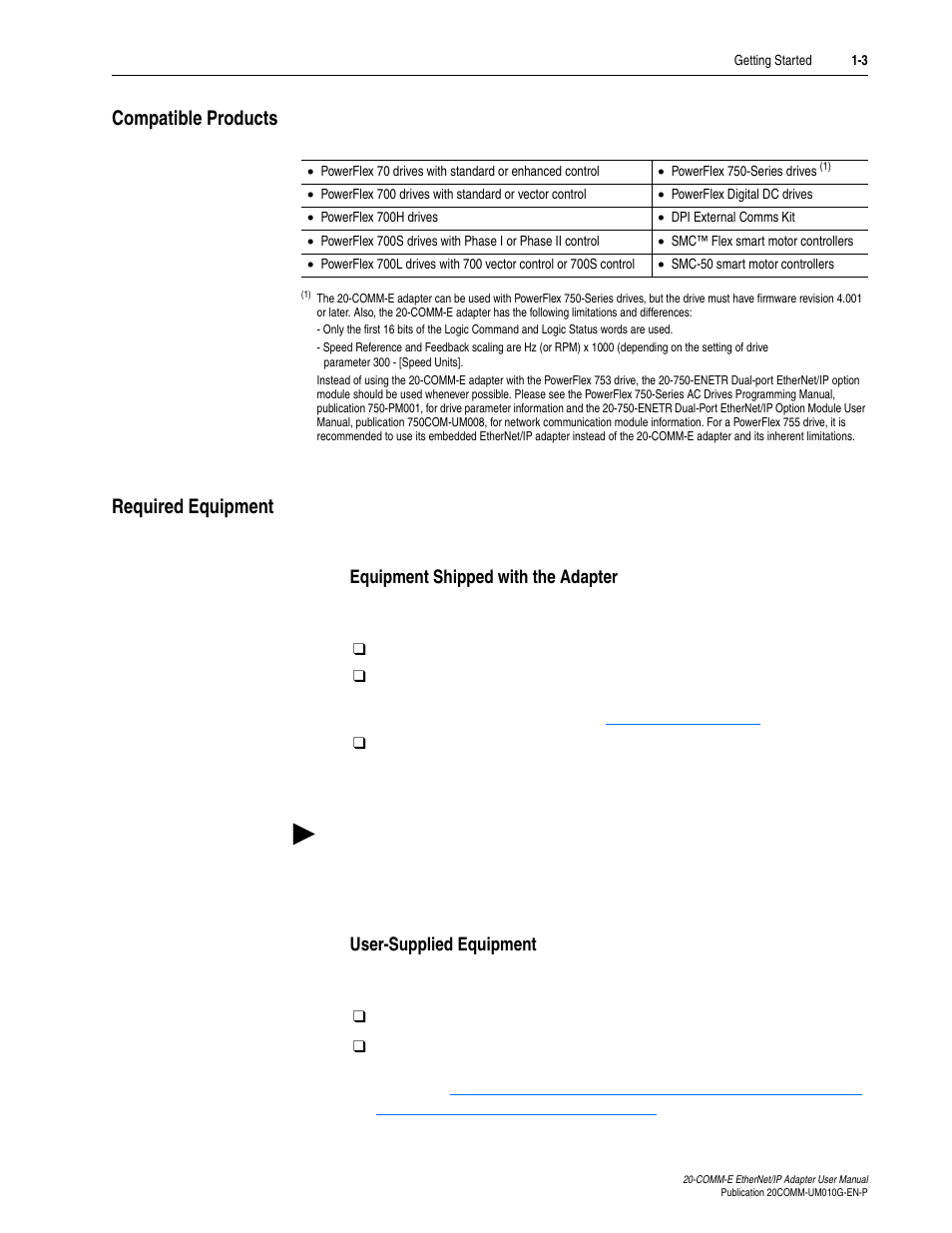 Compatible products, Required equipment, Equipment shipped with the adapter | User-supplied equipment, Compatible products -3 required equipment -3 | Rockwell Automation 20-COMM-E PowerFlex EtherNet/IP Adapter User Manual | Page 17 / 296