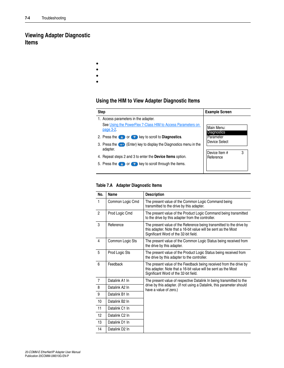 Viewing adapter diagnostic items, Using the him to view adapter diagnostic items, Viewing adapter diagnostic items -4 | Rockwell Automation 20-COMM-E PowerFlex EtherNet/IP Adapter User Manual | Page 204 / 296