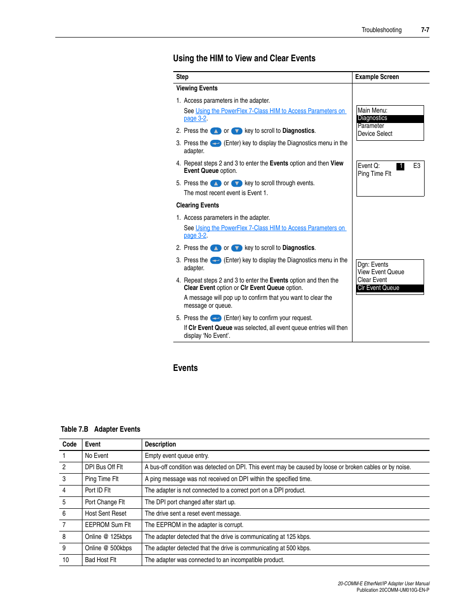 Using the him to view and clear events, Events | Rockwell Automation 20-COMM-E PowerFlex EtherNet/IP Adapter User Manual | Page 207 / 296