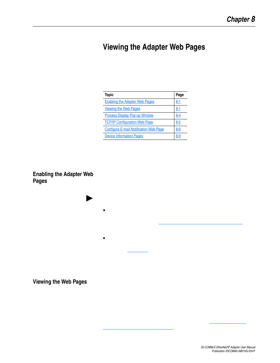 Chapter 8, Viewing the adapter web, 8viewing the adapter web pages | Rockwell Automation 20-COMM-E PowerFlex EtherNet/IP Adapter User Manual | Page 209 / 296