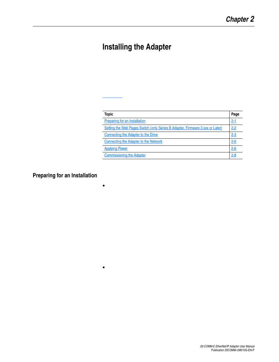Chapter 2, Installing the adapter, Preparing for an installation | Preparing for an installation -1, 2installing the adapter | Rockwell Automation 20-COMM-E PowerFlex EtherNet/IP Adapter User Manual | Page 21 / 296