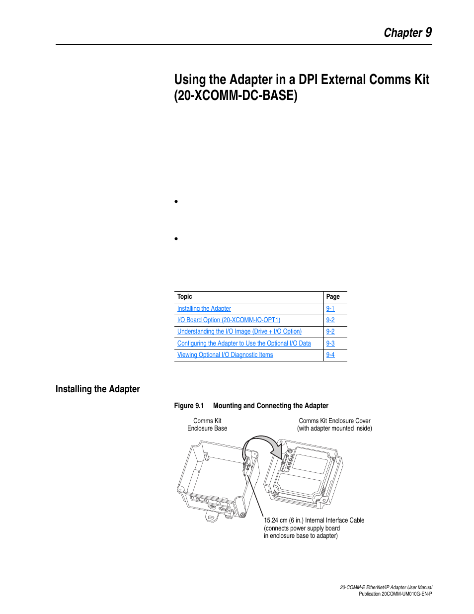 Chapter 9, Installing the adapter, Installing the adapter -1 | Or the 20-xcomm-dc-b | Rockwell Automation 20-COMM-E PowerFlex EtherNet/IP Adapter User Manual | Page 221 / 296