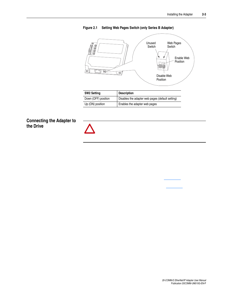 Connecting the adapter to the drive, Connecting the adapter to the drive -3, Switch (sw2 in | Figure 2.1 | Rockwell Automation 20-COMM-E PowerFlex EtherNet/IP Adapter User Manual | Page 23 / 296