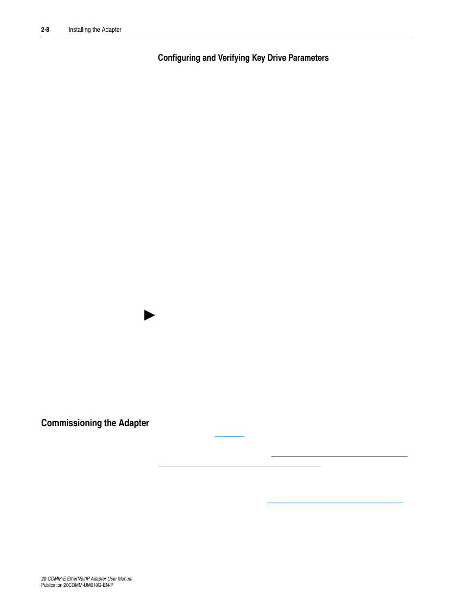 Configuring and verifying key drive parameters, Commissioning the adapter, Commissioning the adapter -8 | Rockwell Automation 20-COMM-E PowerFlex EtherNet/IP Adapter User Manual | Page 28 / 296
